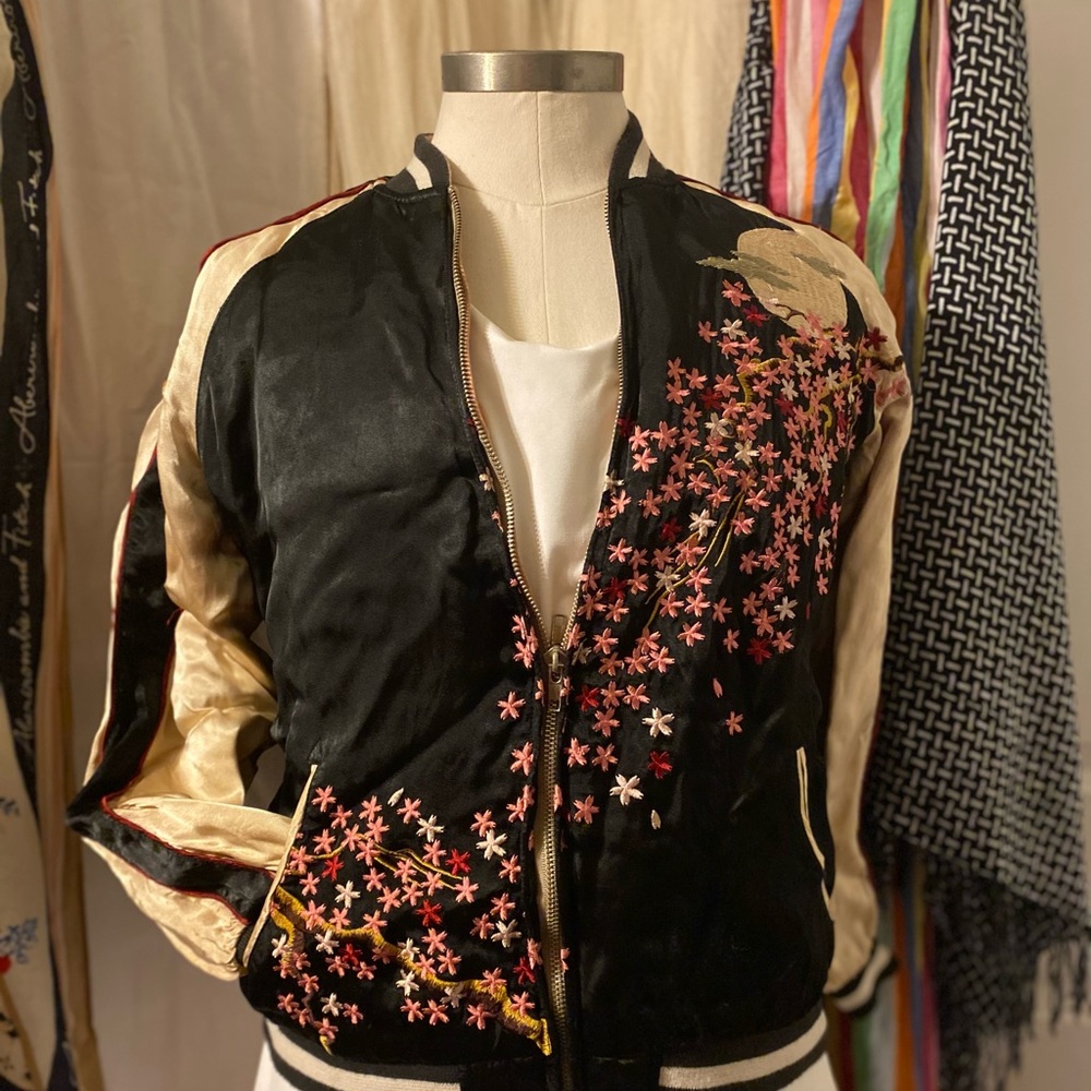 Exquisite Silk Sukajan Souvenir Jacket Reversible Floral Pink Ivory Bomber